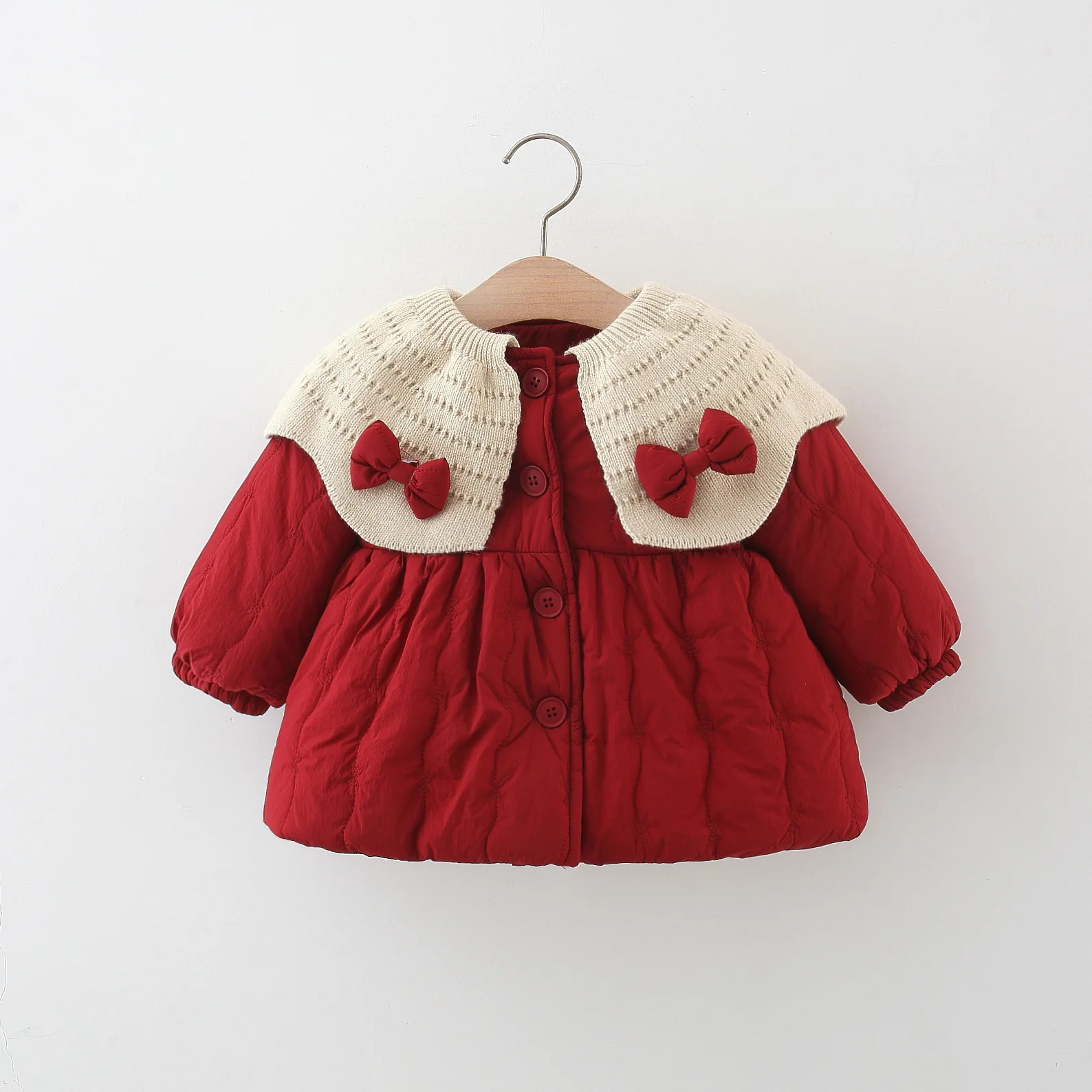 Children's Doll Collar Red Cotton Jacket for Winter Warmth and Cute Bow Stickers, Big Lapel Girl Jacket