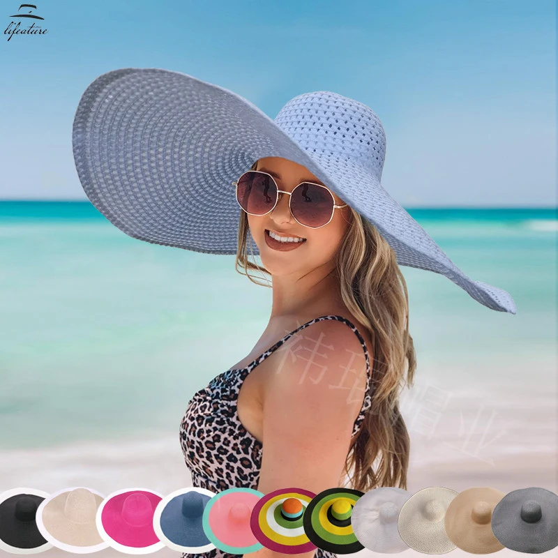 25cm Oversized Beach Hats for Women Large Wide Brim Straw Hat UV Protection Lady Foldable Summer Floppy Sun Hat Wholesale