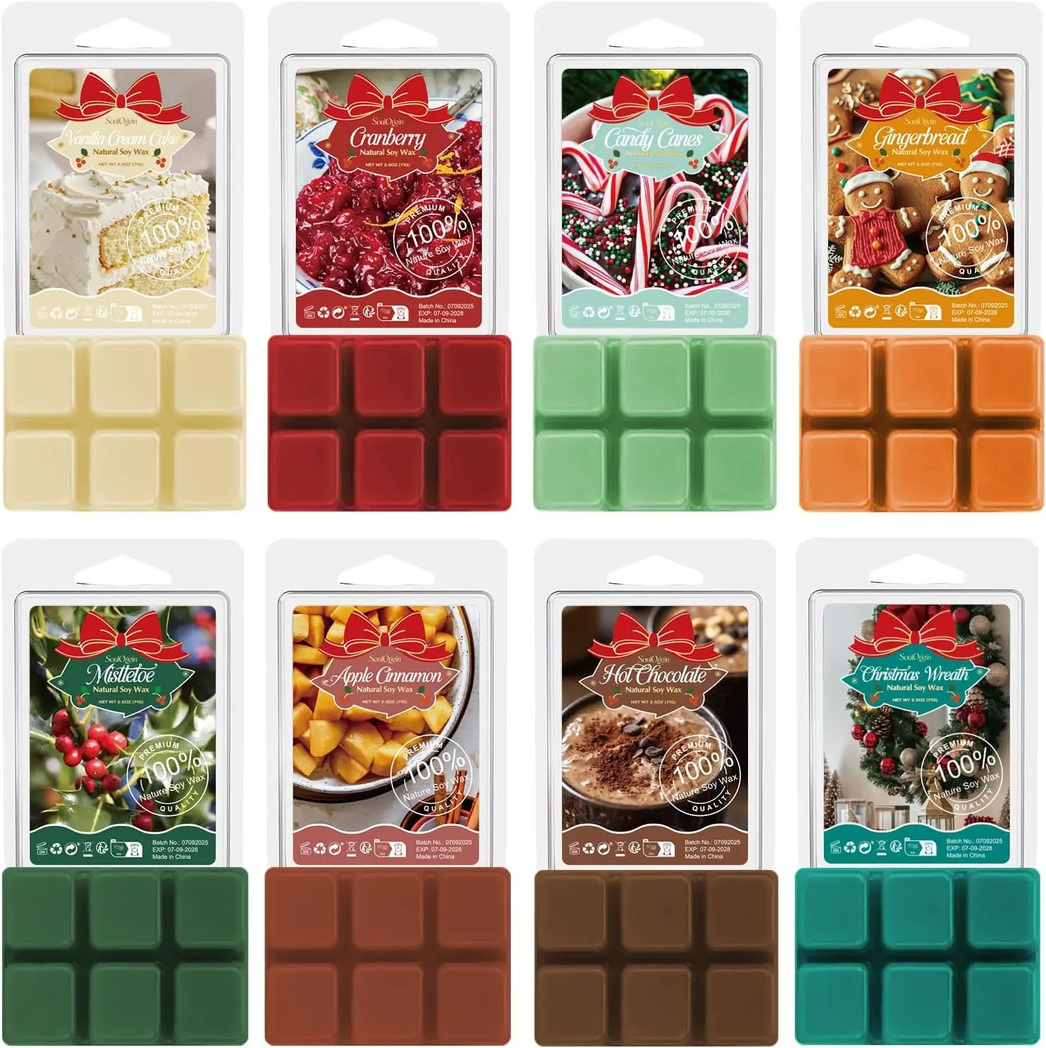 Christmas Scented Wax Melts, Holiday Scented Wax Melts, Strong Scented Soy Wax Cubes/Tarts for Warmer, Candle Wax Melts for Home, Mistletoe, Christmas Wreath, Cranberry, Gingerbread,8x2.5oz