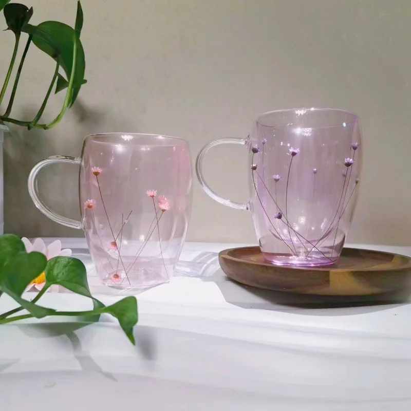 Double Wall Dry Flowers Transparent Glass Coffee Cup with Handle Double-layer Heat Insulation High Temperature Juice Milk Cup