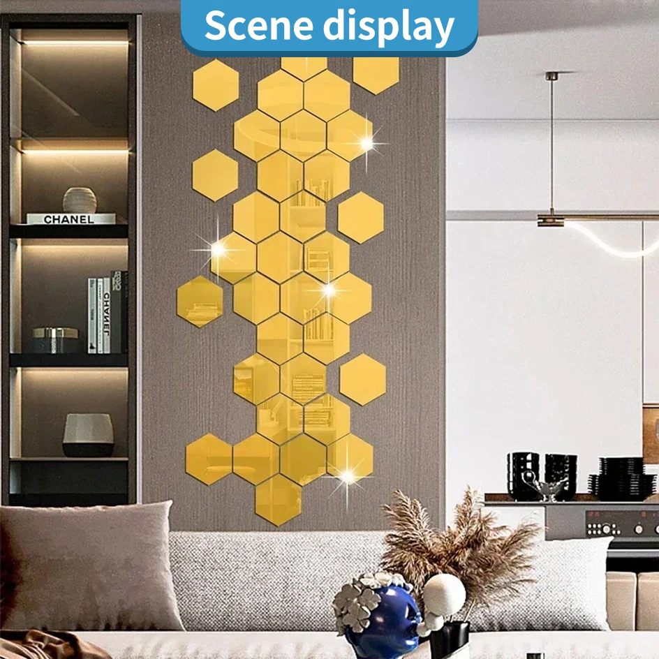 12/24pcs Hexagonal Acrylic Mirror Wall Sticker Mirror Solid Paster Self-adhesive Gold Silver Decals Home Bedroom Art Decoration