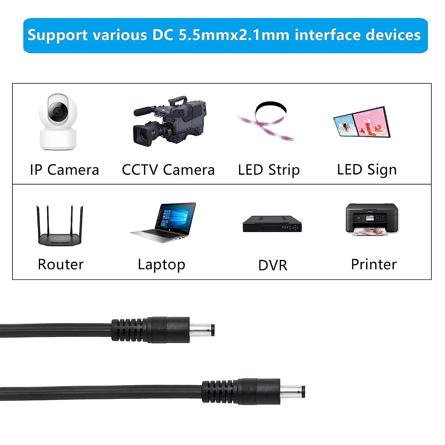 2 قطعة 16AWG تيار مستمر 5.5 مللي متر x 2.1 مللي متر ذكر إلى ذكر كابل الطاقة تمديد الأمن كاميرا Dvr مستقل LED قطاع ، سيارة ، CCTV IP المراقبة