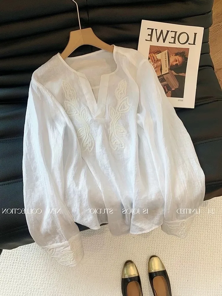 

French Chic Embroidered Linen Blouse Women 2025 Y2k Spring Summer V Neck Long Sleeve Shirt Casual Vintage Elegant Loose Fit Tops