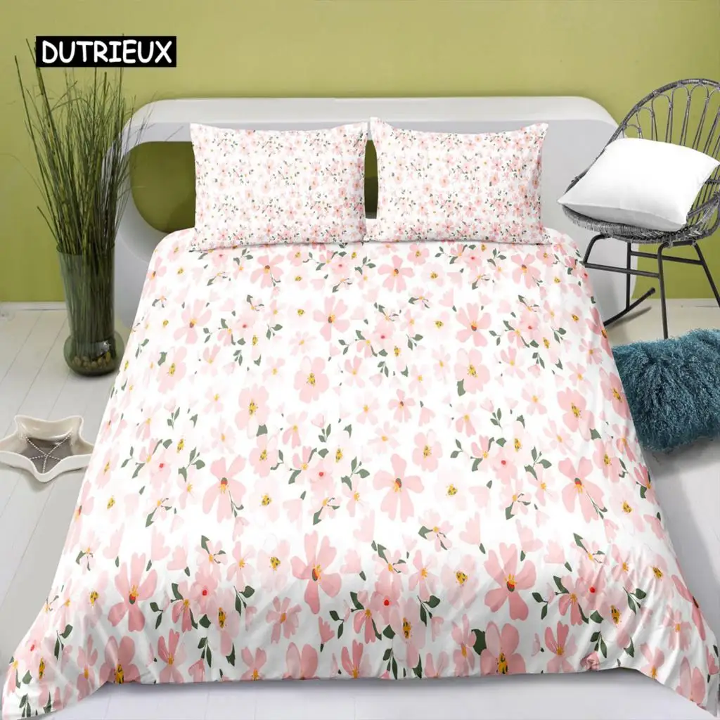 Flower Duvet Cover Set Pink Floral Small Fresh Style Bedding Set For Kids Girls Flower Theme Soft Microfiber 2/3pcs Quilt Cover