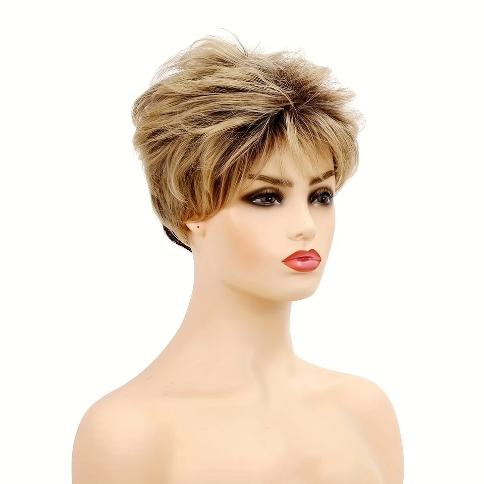 Short Straight Pixie 6 Inch Synthetic Wigs for Women Mixed Blonde Synthetic Layered Cosplay Hair Wig