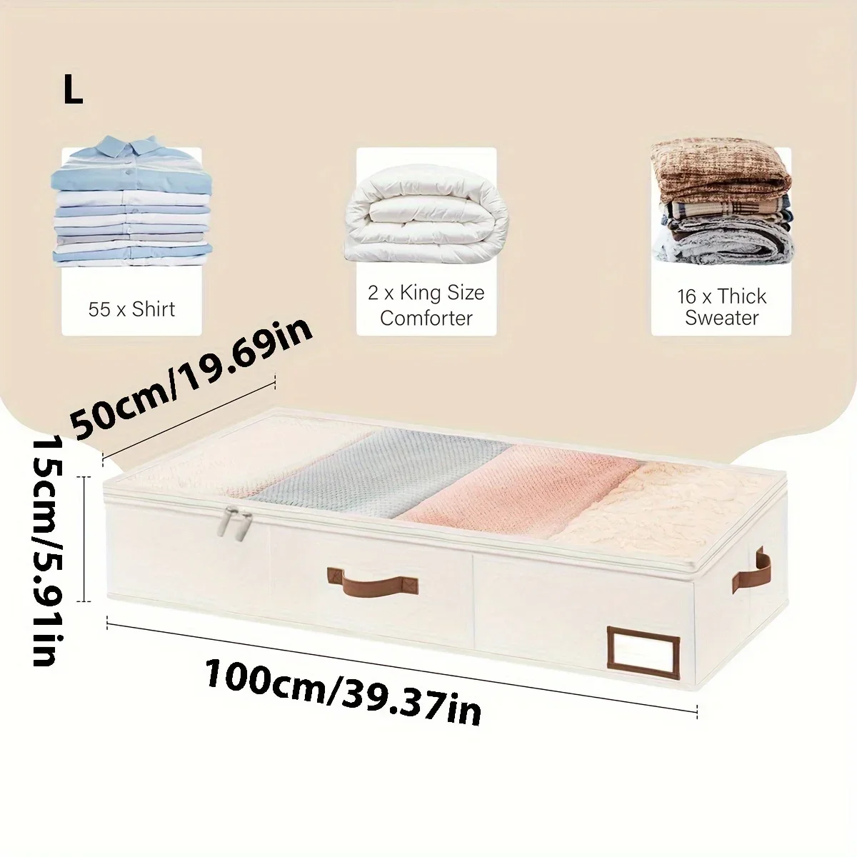 Underbed Storage Box, Under Bed Clothes Organizer With Sturdy Structure and Ultra Thick Fabric, Ivory White, Large