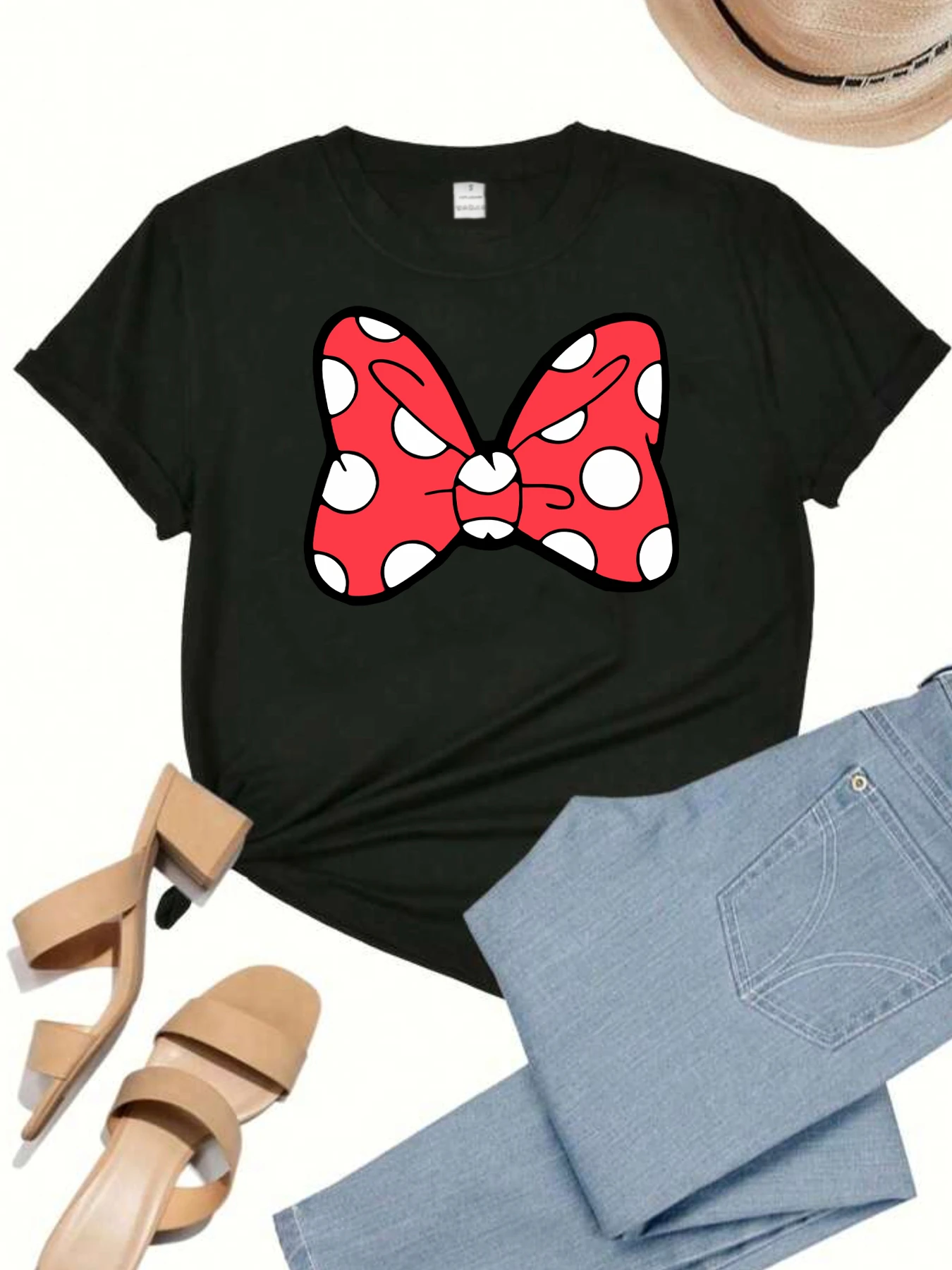 

Red and white bow pattern round neck plus size women T-shirt short sleeve trend printing elastic half sleeve T-shirt