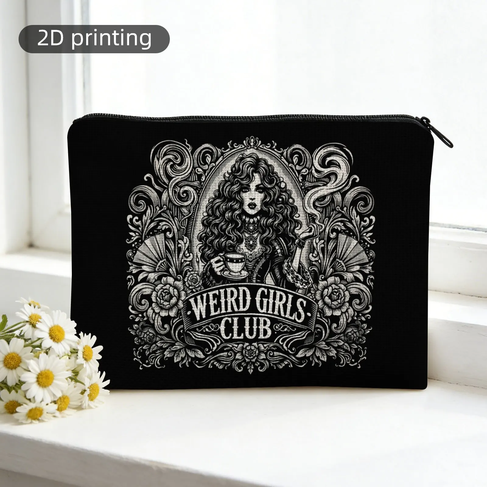 Cosmetic Bag, Weird Girls Club, Gothic Design, Ornate Frame Zipper Closure,Toiletry Storage Bag Suitable for Travel Gift Women