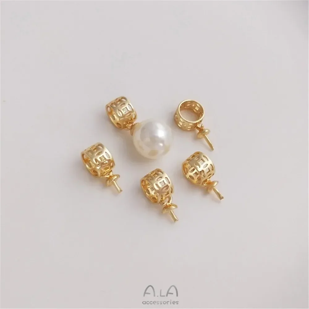 14K Gold-plated Hollowed Out Copper Coin Circular Ring with Sheep Eye Holder Pendant DIY Handmade Crystal Jade Pearl Holder C098