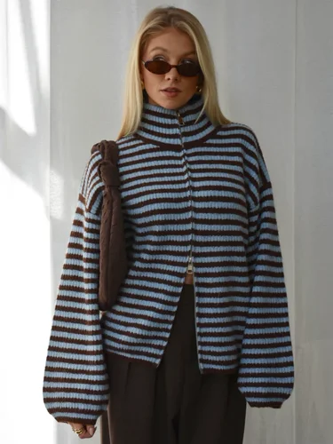 Imagen 2 del producto Cárdigan de punto a rayas para mujer, de manga larga, con cremallera y cuello alto, estilo informal y holgado para primavera