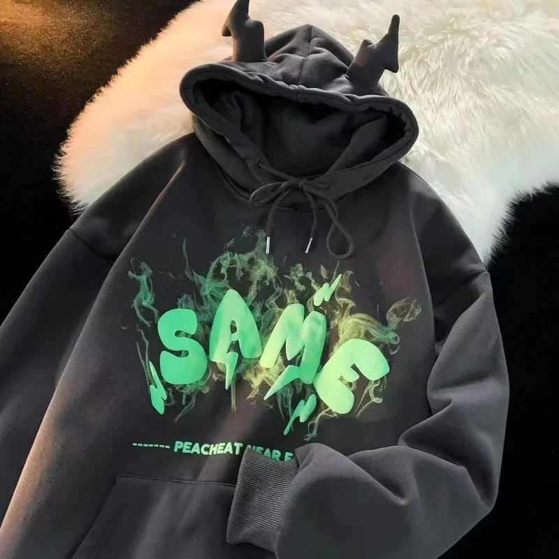 Ears Hoodies Sweatshirt Women Graffiti Monster Bubble Anime Long Sleeve Harajuku Goth Oversized Thick Pullover Goth Hoodies Y2k