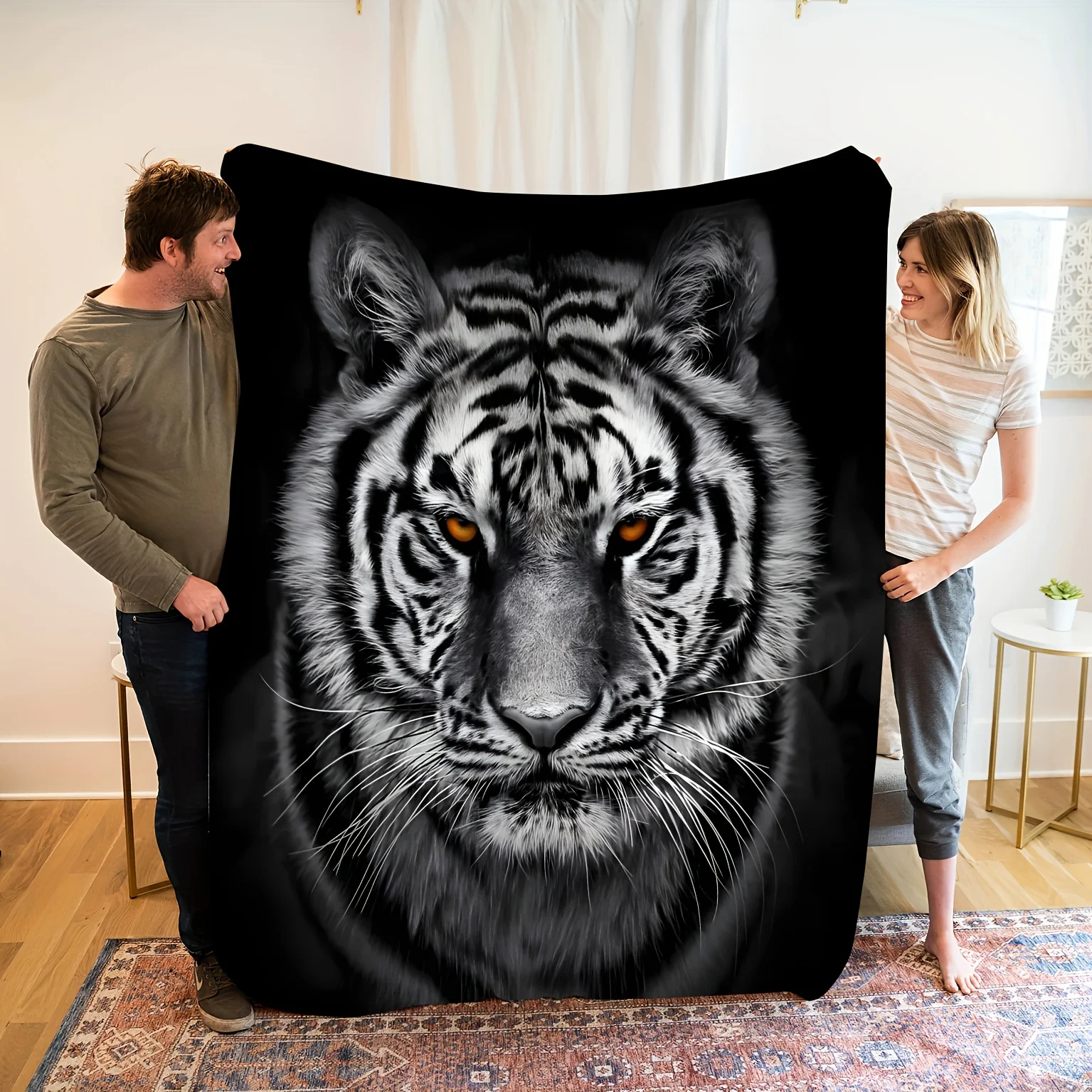Black flannel blanket with lifelike white tiger pattern, showing wild charm and personality, perfect for family use