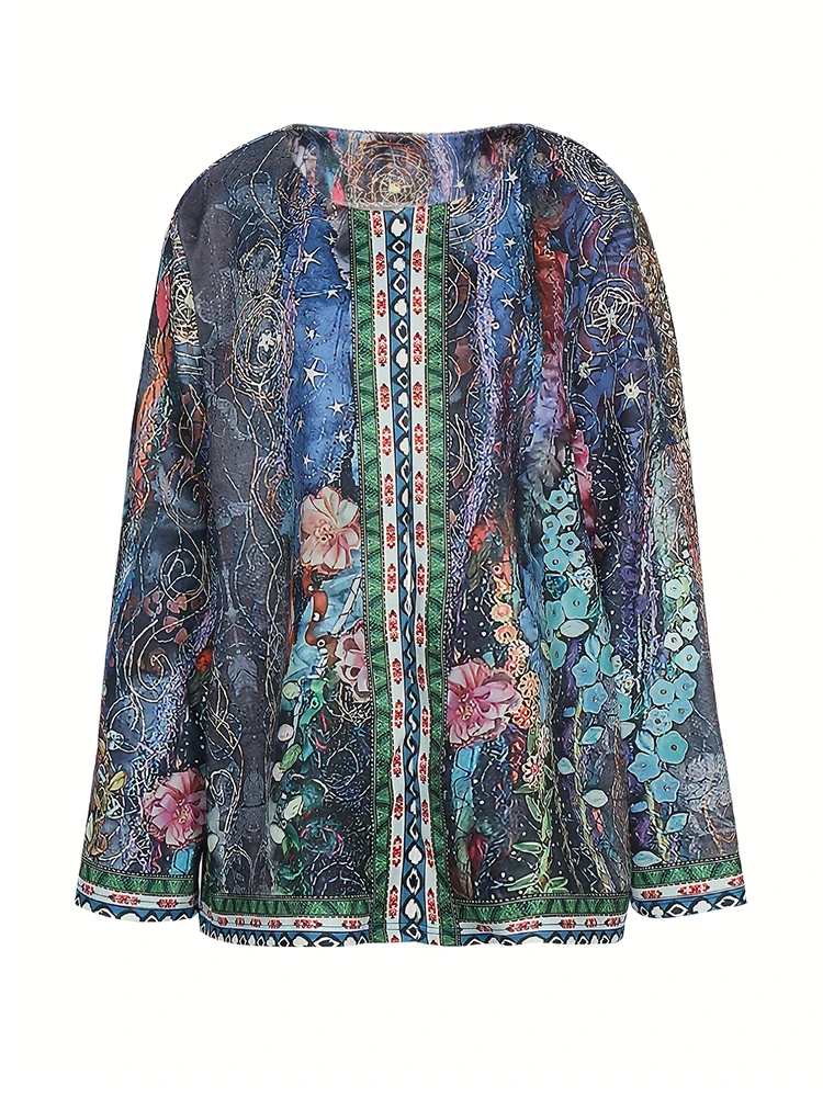 Plus Size Colorful Boho Floral Print Open Front Cardigan, Casual Loose Long Sleeve Lightweight Jacket with Pockets