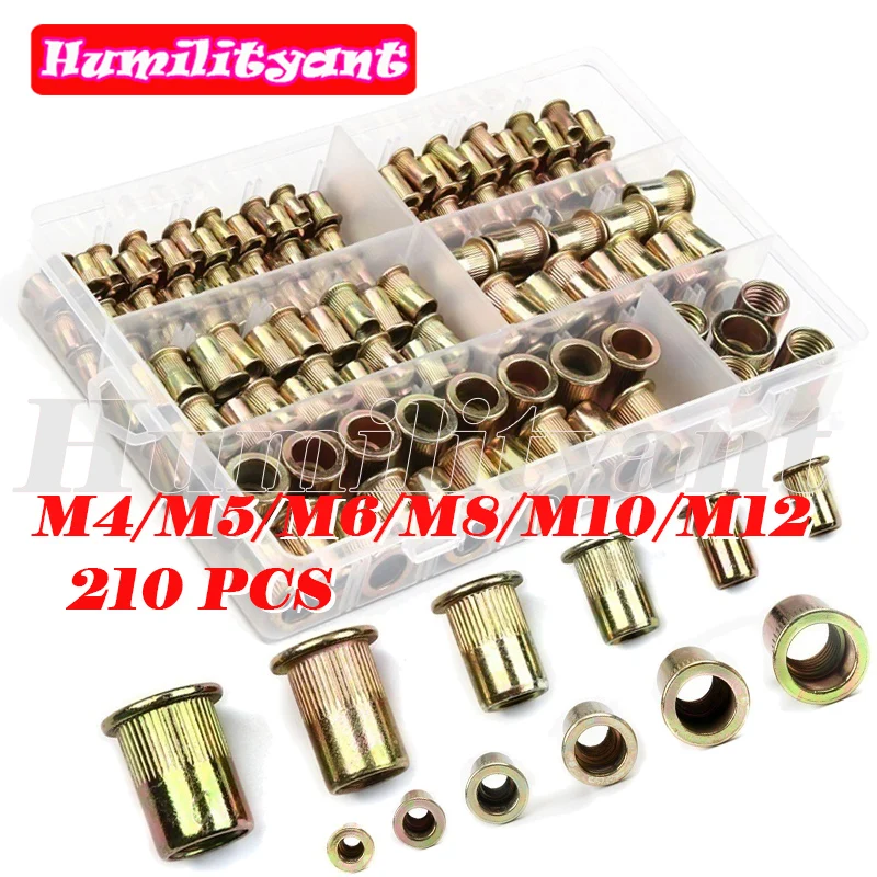 

210Pcs Rivet Nut Assorted Carbon Steel Riveting Nuts Zinc Plated M4 M5 M6 M8 M10 M12 Flat Head Threaded Insert Tools