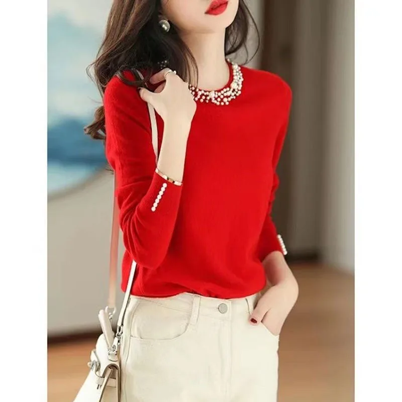 New Autumn and Winter Fashion Trend Splicing Heavy-duty Beaded Round Neck Sweater Loose and Versatile Western-style Knitted Top