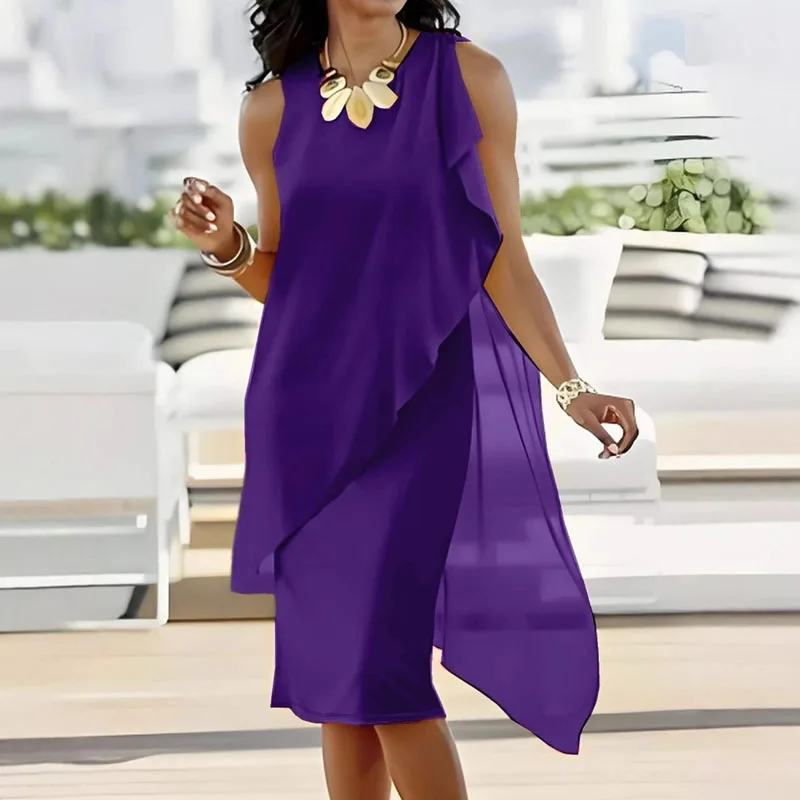 Elegante irregular retalhos chiffon vestido da mulher verão o pescoço sem mangas senhora do escritório vestido casual magro sólido em camadas vestido longo