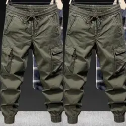 Men's Loose Solid Cargo Pants with Multiple Pockets Casual Tactical Work Pant Straight Trousers Outdoor Hiking Overalls Male