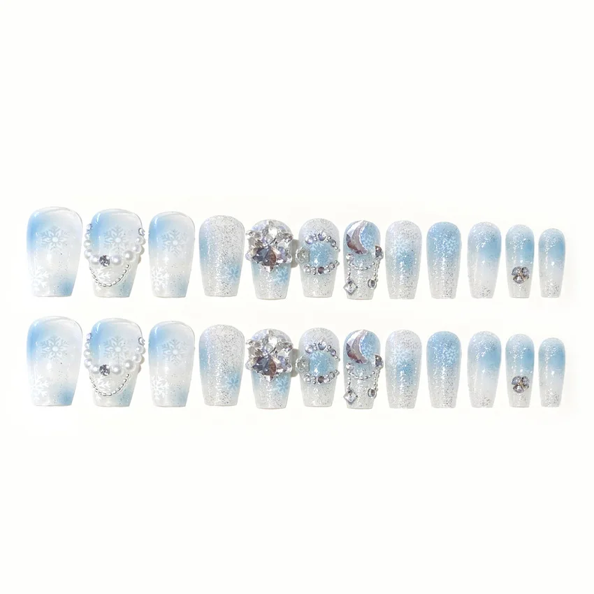 Gradient Blue Fake Nails with Flower Crystal Design Glitter Fake Nails for Lady Girls Christmas Gifts Artificial Nails Handmade