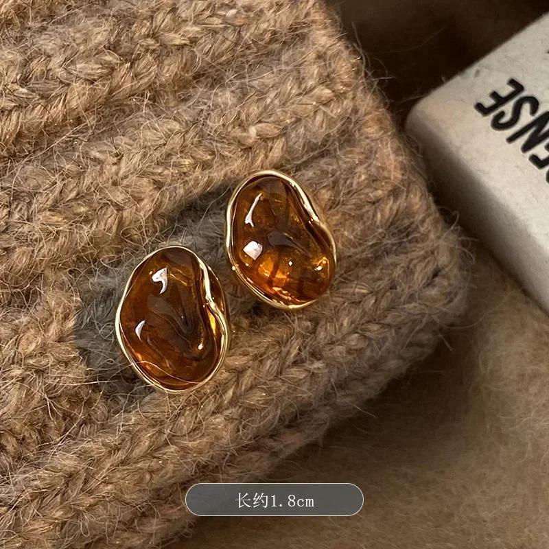 DREJEW Vintage Brown Tiger Eye Stone Earrings for Women Fashion Silver Needle Drop Earring Personality Irregular Jewelry Gifts