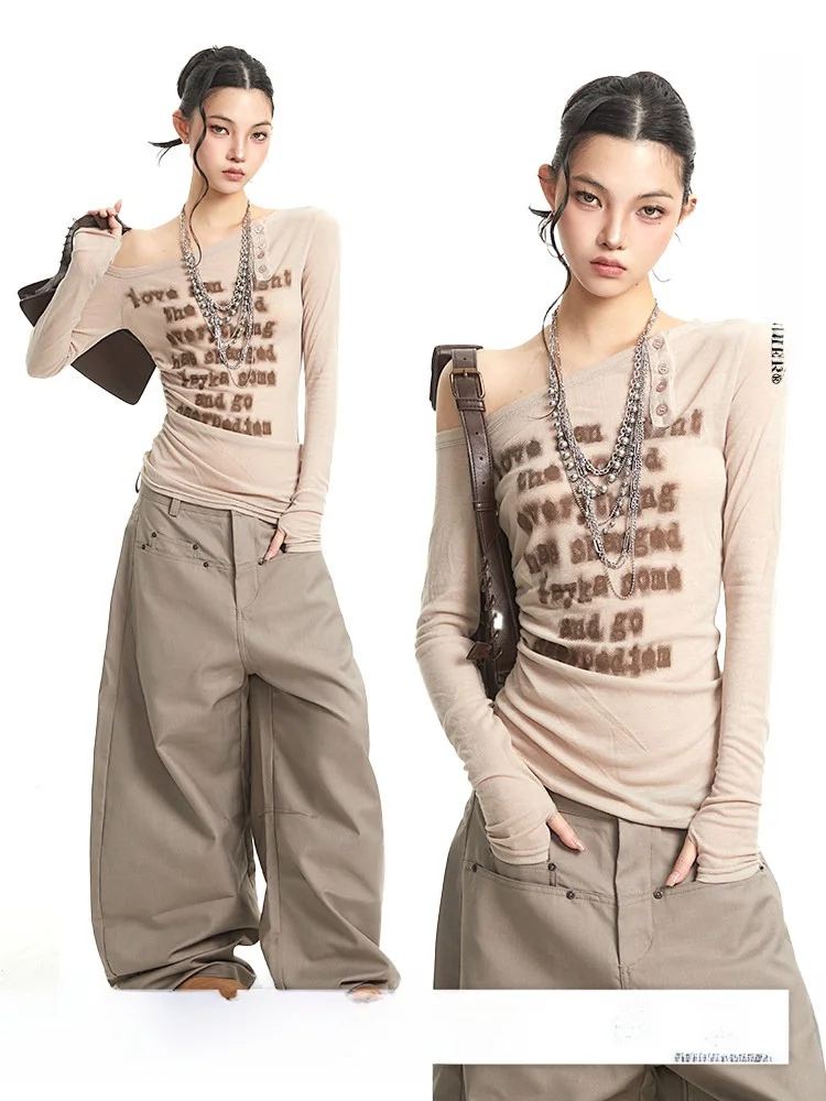 

Khaki Color Slim Fit Long Sve T-irt oulder Button Perforation Autumn Simple Base irt Women's Casual Sle Print Crea...