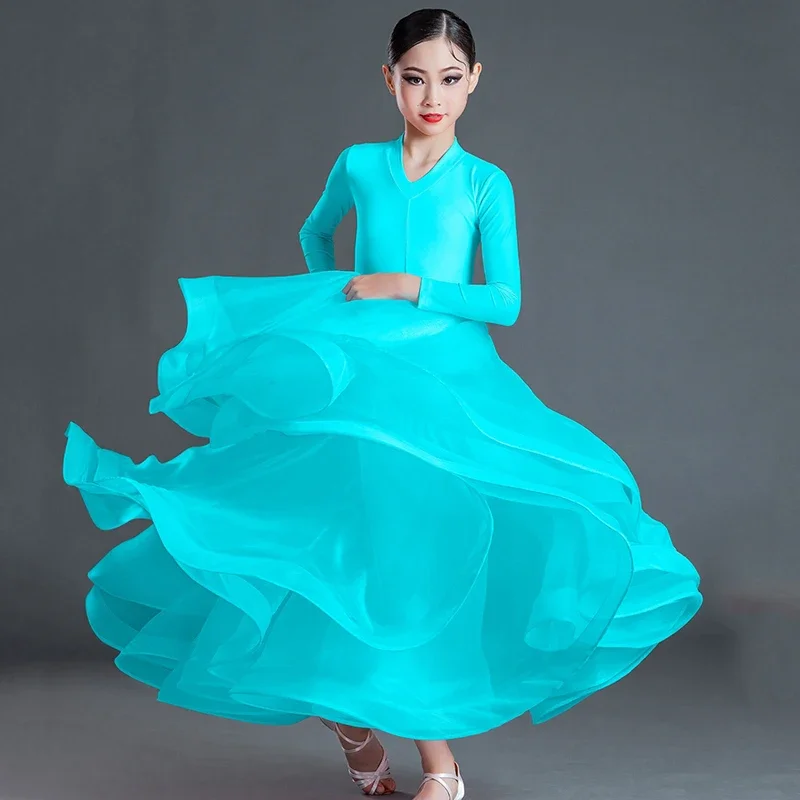 Vestido de baile latino de manga larga azul para niñas, ropa de baile moderno, estándar nacional, vestidos de competición de baile de salón, SL7407