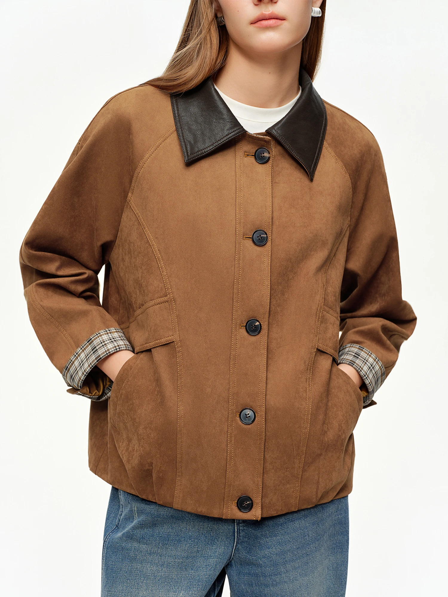 DUSHU 2026 Spring Women's Rustic Faux Suede Loose Fit Cropped Jacket - Soft Comfortable Short Coat for Casual Outdoor Daily Wear