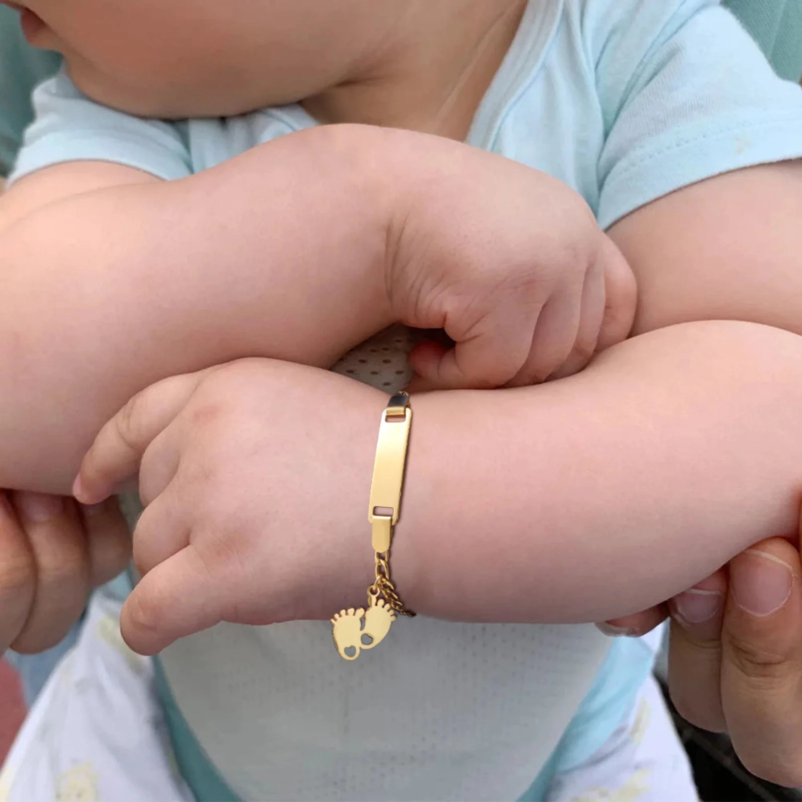 Personalized Baby Name ID Bracelet, Adjustable Stainless Steel Chain, Charms Eye/foot/cross, Engraved Kid Newborn Birthday Gift - Detail 1