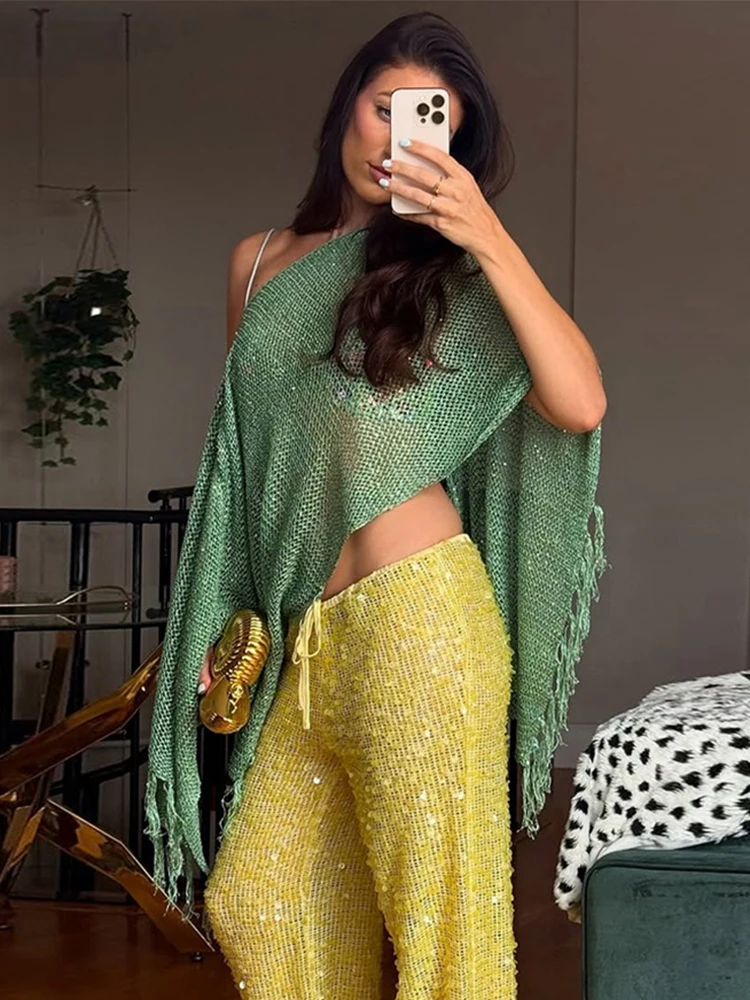 

Trendix Knit Mesh Beach Cover Up Women 2026 Summer Solid Off Shoulder Tassel Cropped Tops Holiday Loose Sheer Cover-up Top Femme