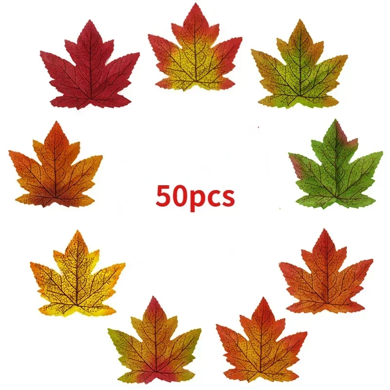 50pcs Artificial Maple Leaf Halloween Harvest Festival Home Decoration Boneless Feel Red Single Piece Artificial Maple Leaf