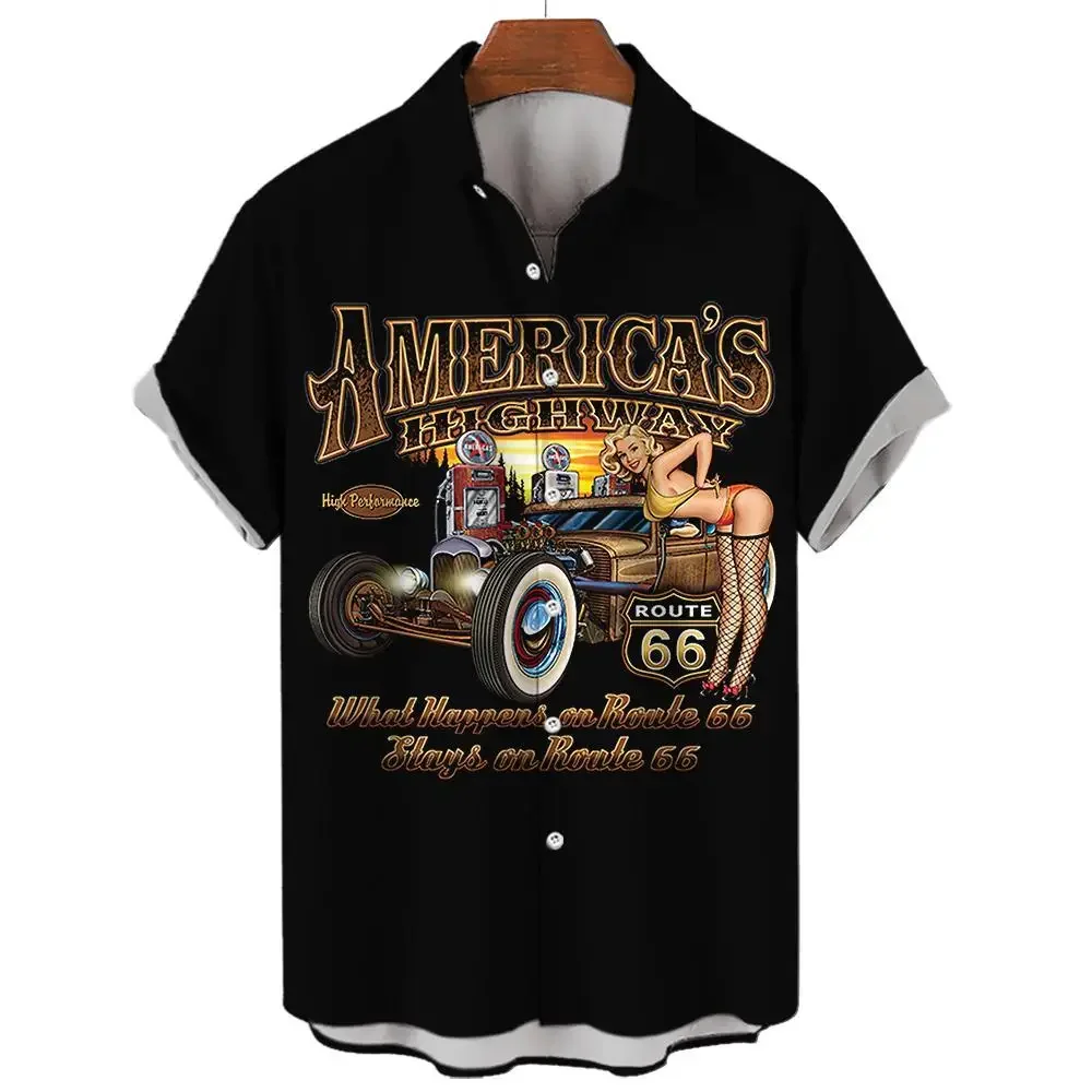 2023 New Retro Classic Car Fashionable and Handsome Printed Short-Sleeved Men\'s Shirt Casual and Comfortable Lapel Cardigan Top