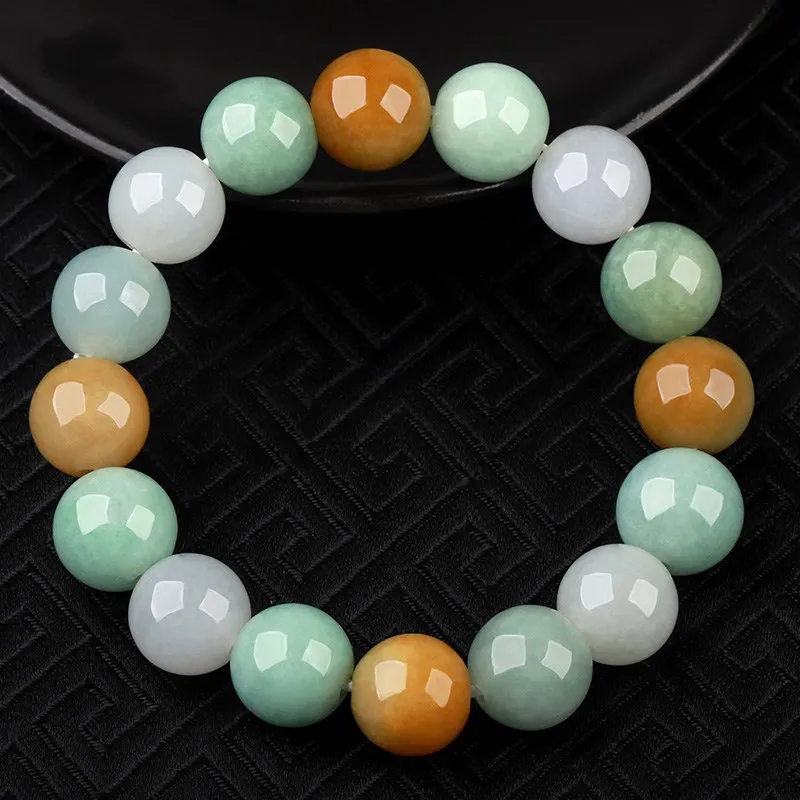 Natural Myanmar a-Level Ice Waxy Kinds Tri-Color round Beads Bracelet Men's and Women's Jade Wholesale