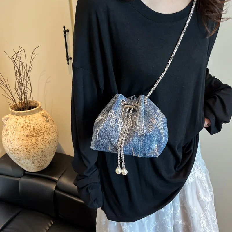 Denim Tote Bag with Shiny Silver Sequins,cute Mini Crossbody Purse for Party Dating Shoulder Purse,daily Outfits for Young Women