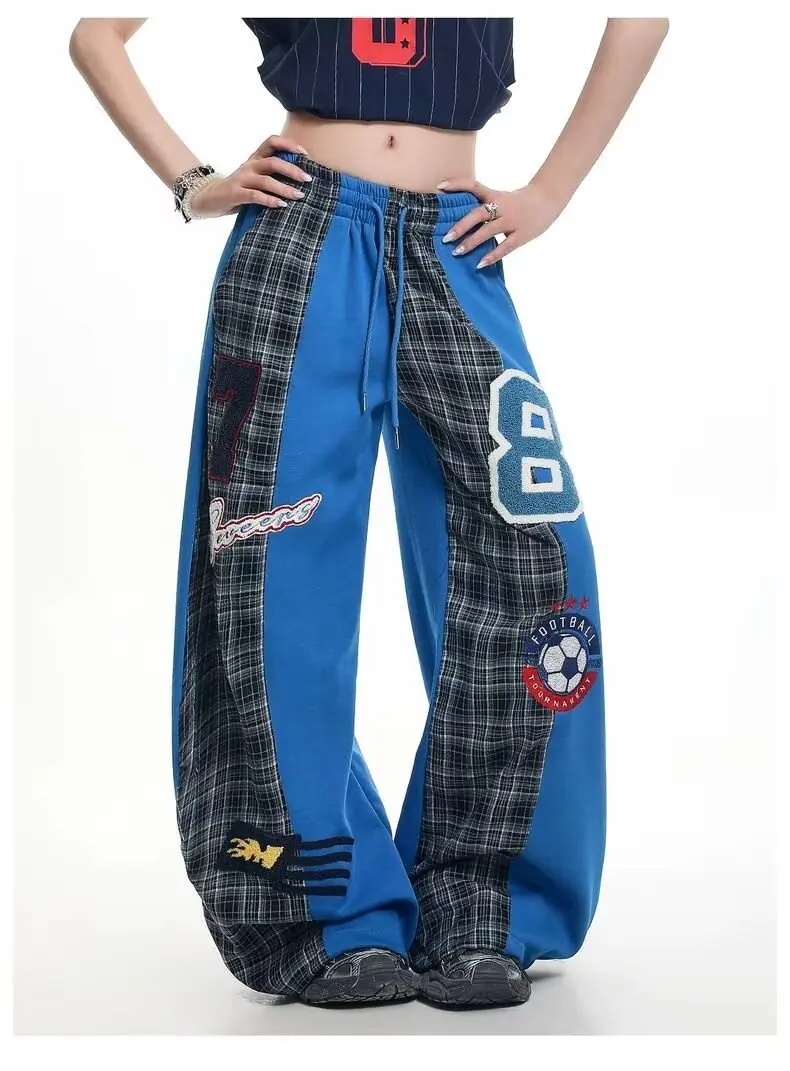 Japan Patchwork Checkered Wide-leg Women's Autumn Lightweight High-waisted Elastic Waist Vintage Lazy Floor-length Pants