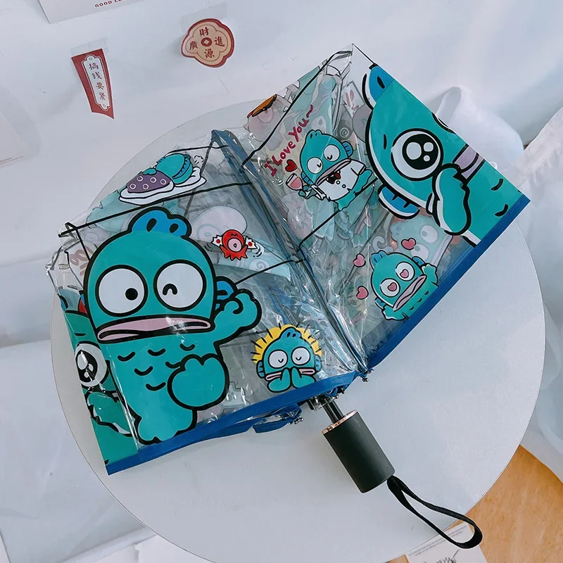 Cartoon Sanrio Umbrella Transparent Hangyodon Kuromi My Melody Hello Kitty Kawaii Student Rainy Tri-fold Folding Umbrella Female