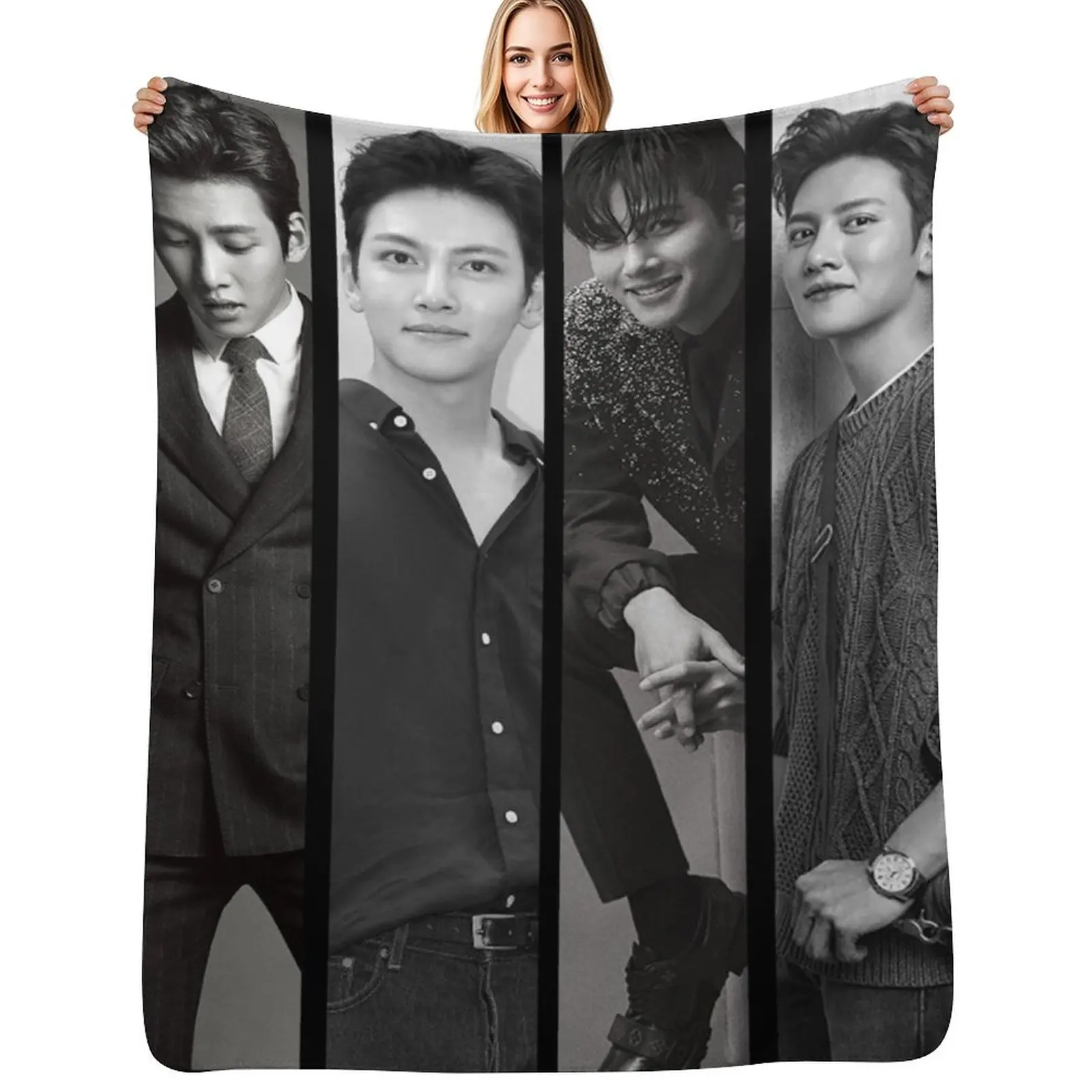 Ji Chang Wook Vertical Black and White Collage Throw Blanket Luxury Designer Decoratives Custom Sofas Blankets For Bed Blankets