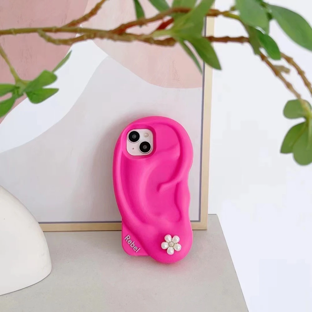 

3D Cute Cartoon Rose Eear Durable Soft Silicone Case, For iPhone 11, 12, 13, 14, 15 promax, Phone back cover, Shell Skin, Funny