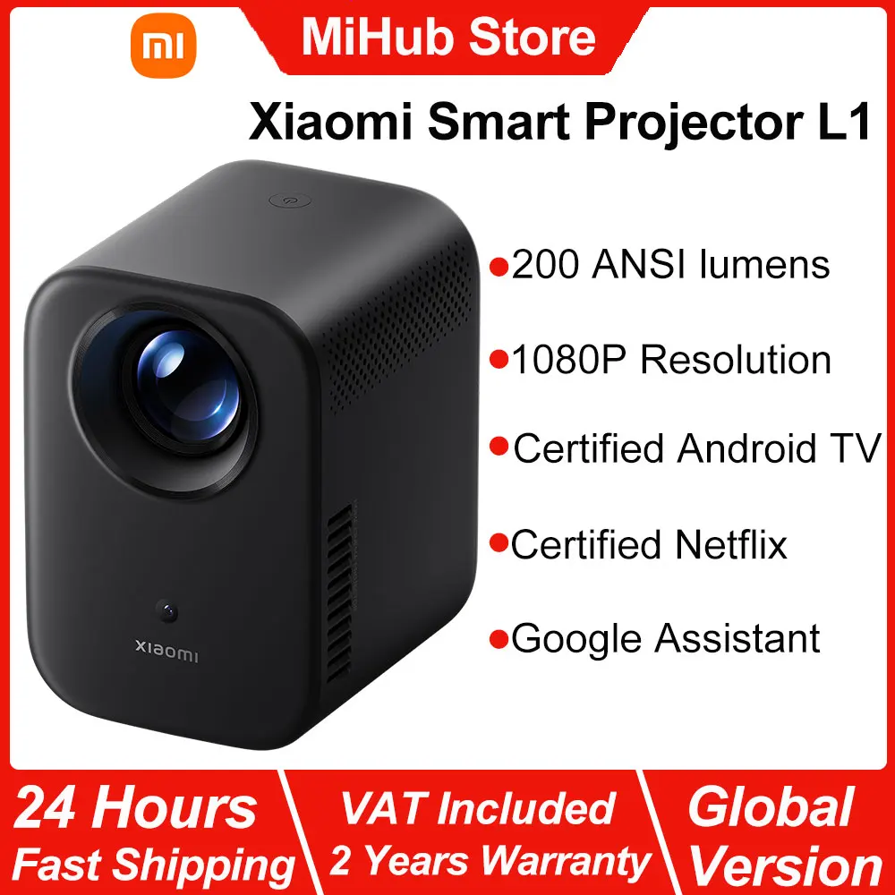 Projecteur intelligent Xiaomi L1, 200 ANSI, Google TV, résolution 1080p, mise au point automatique et correction automatique de la distorsion trapézoïdale, Google Assistant, BT5.0