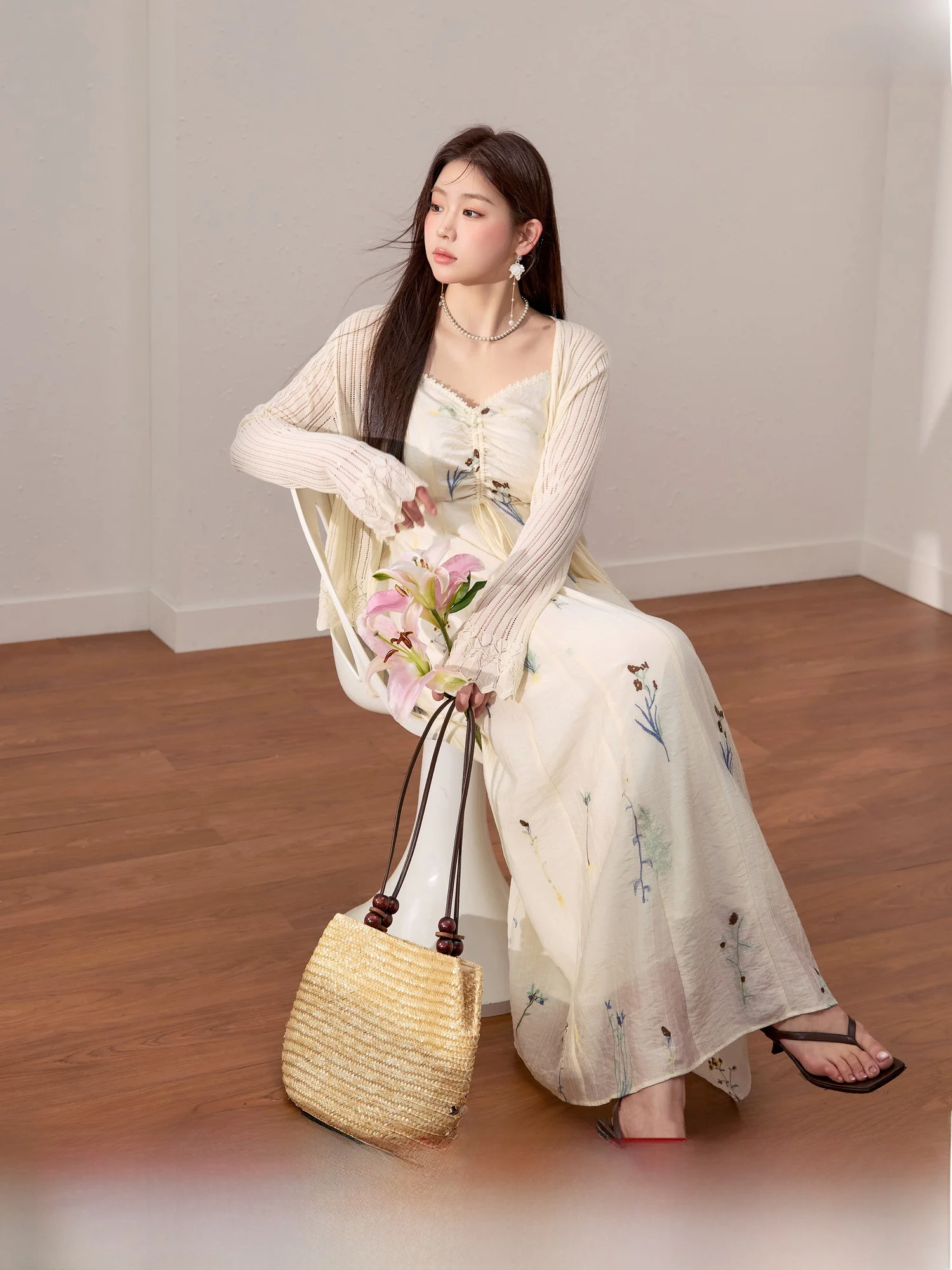 

Blue Language Large Size Women's Summer New Style Hollow out Embroidered Dress Waist Cinching Meat Concealing White Long Dress