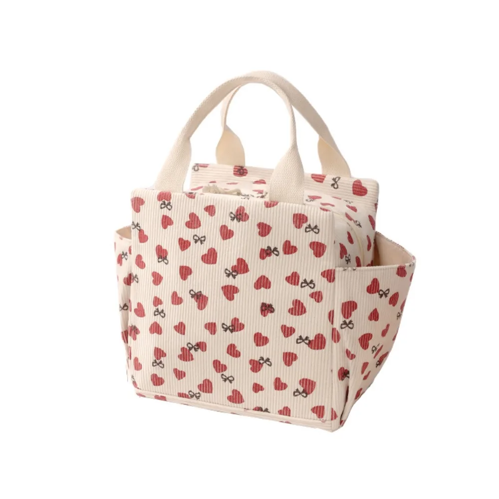 Cooler Tote Large Capacity Corduroy Lunch Bag Heart Thermal Insulation Cooler Bag Portable Picnic Food Pouch Children's Use