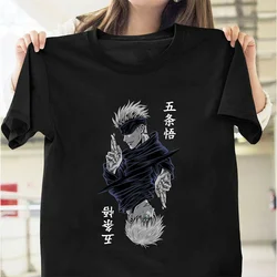 Jiu-jutsu feminino Kaisen Satoru Gojo Camiseta Estampada Anime, Manga Curta com Decote O, Poliéster Preto e Branco, Moda Senhora