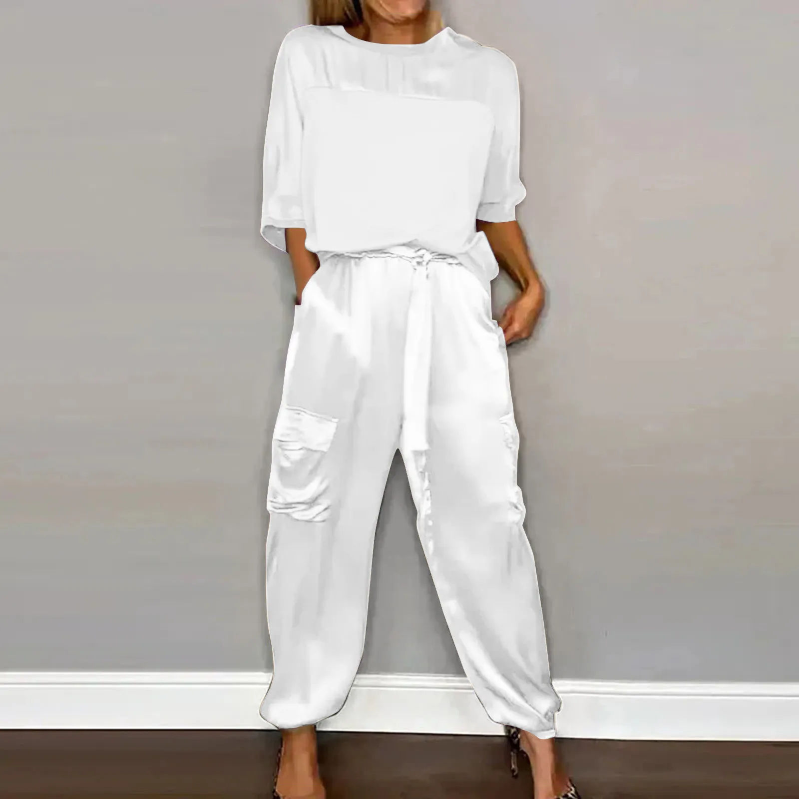 Women Tracksuit Smooth Satin Half Sleeve Tops Round Neck T-Shirt Wide Leg Drawstring Ankle Banded Pants Solid Color Summer Suits