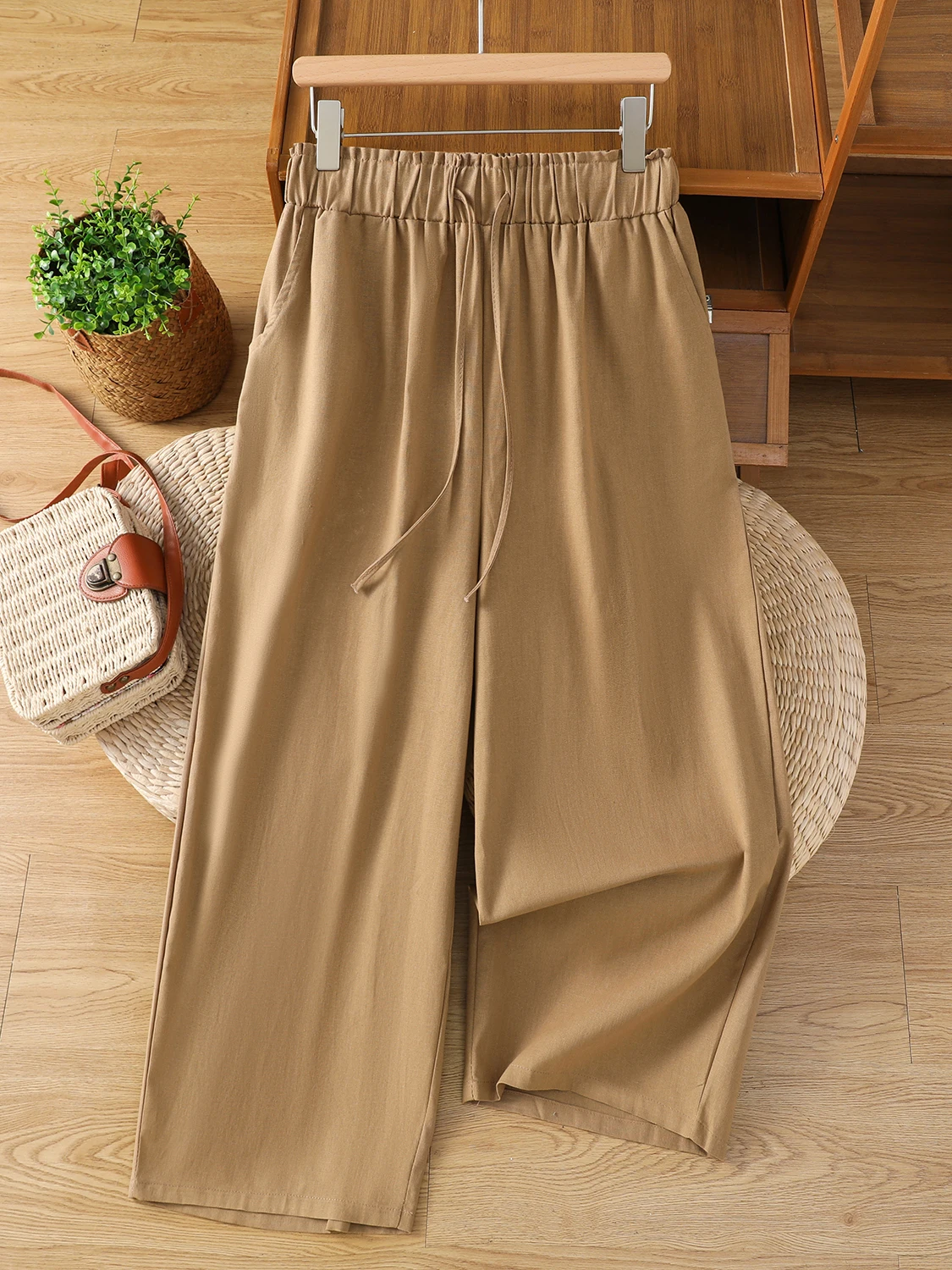 

Свободные широкие брюки с высокой талией в стиле ретро, женские брюки больших размеров с эластичной резинкой на талии для похудения, модные повседневные брюки из девяти предметов