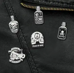 Punk Skeleton Enamel Pins Custom Black White Skull Potions Brooches Lapel Badges Cool Gothic Jewelry Gift for Friends