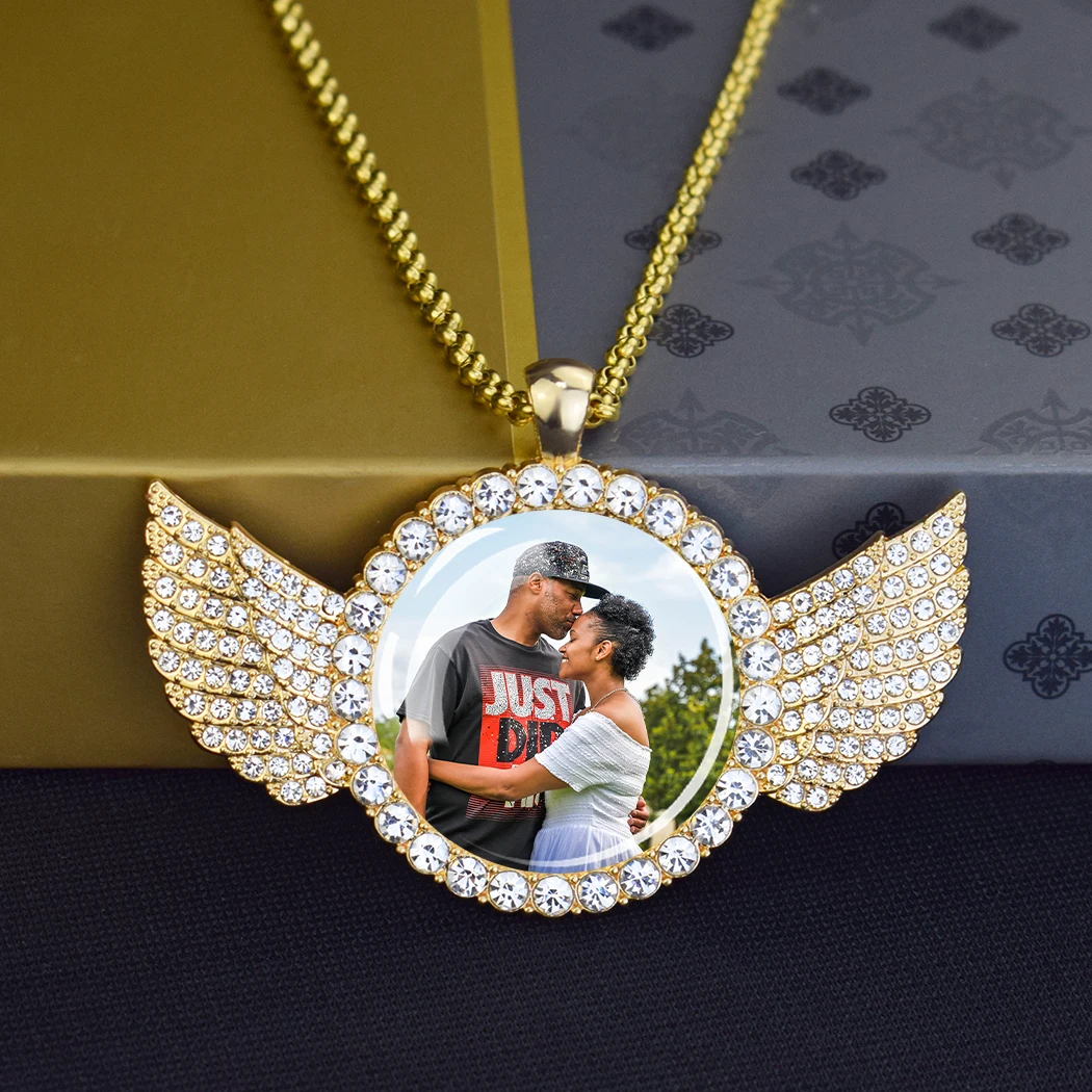 DHQH Customized Picture Necklace Personalized Photo Angel Wings Water Diamond Pendant Necklace Creative Fashion Hip Hop Jewelry view 3