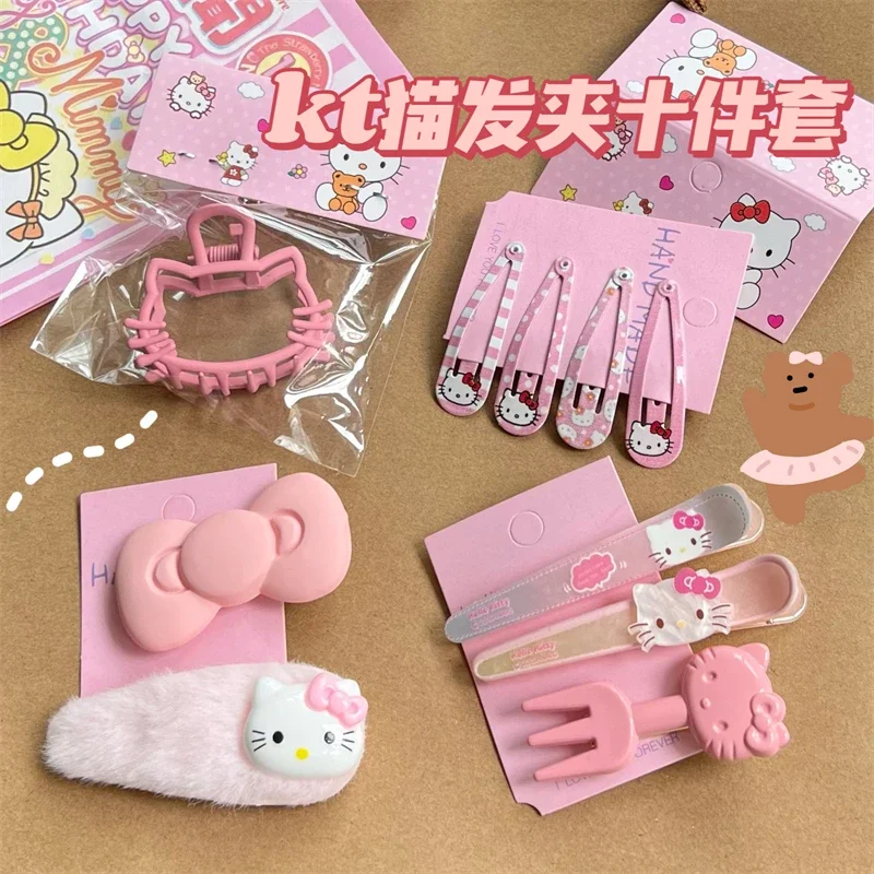 10Pcs Sanrio Hello Kitty Hairpin Set Cute Anime Cartoon Girl&Child Fashion Hair Accessories Ponytail Holder Holiday Gifts