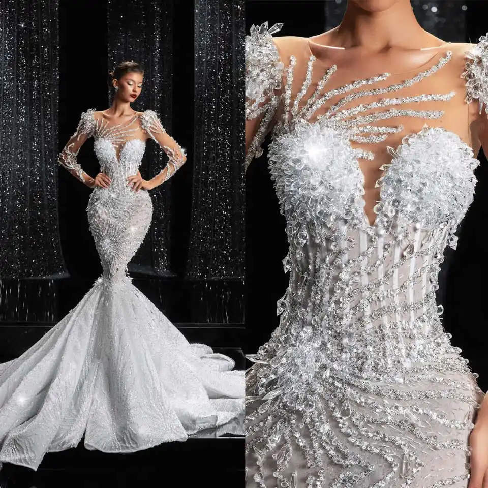 

Luxurious Rhinestone Wedding Dress Women Beaded Sequined Lace Mermaid Bride Dresses Customized Full Sleeve Bridal Gown