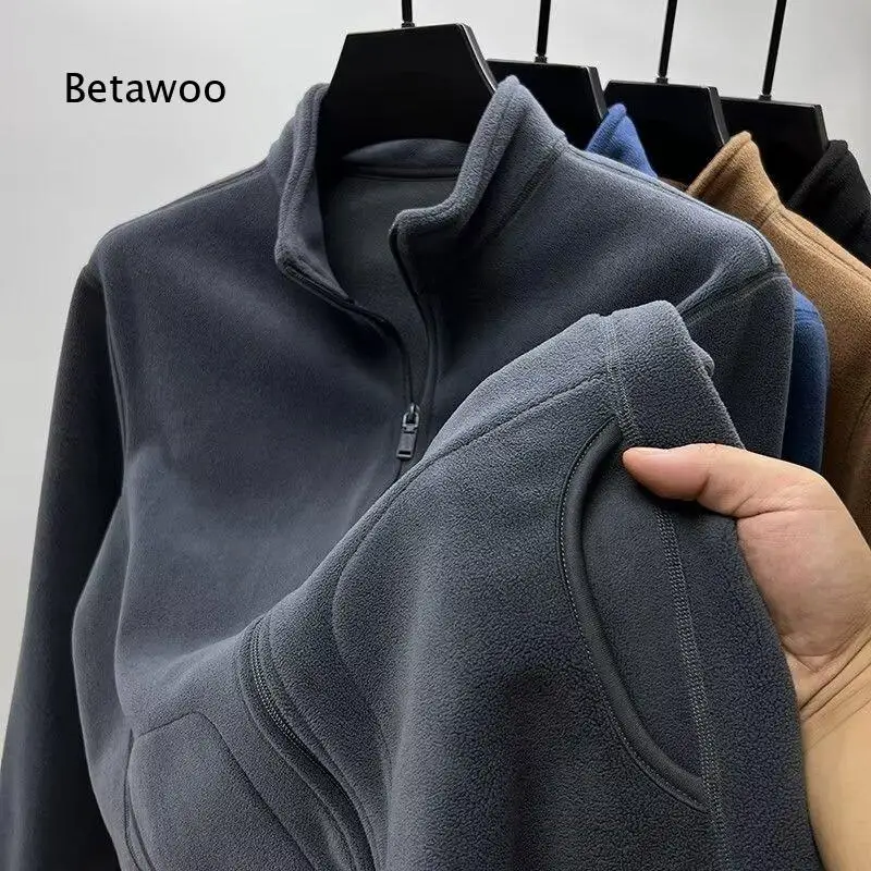 Men Stand Collar Full Zip Fleece Jacket Warm Liner Outerwear for Autumn Winter Daily Casual Inner Layer Wear