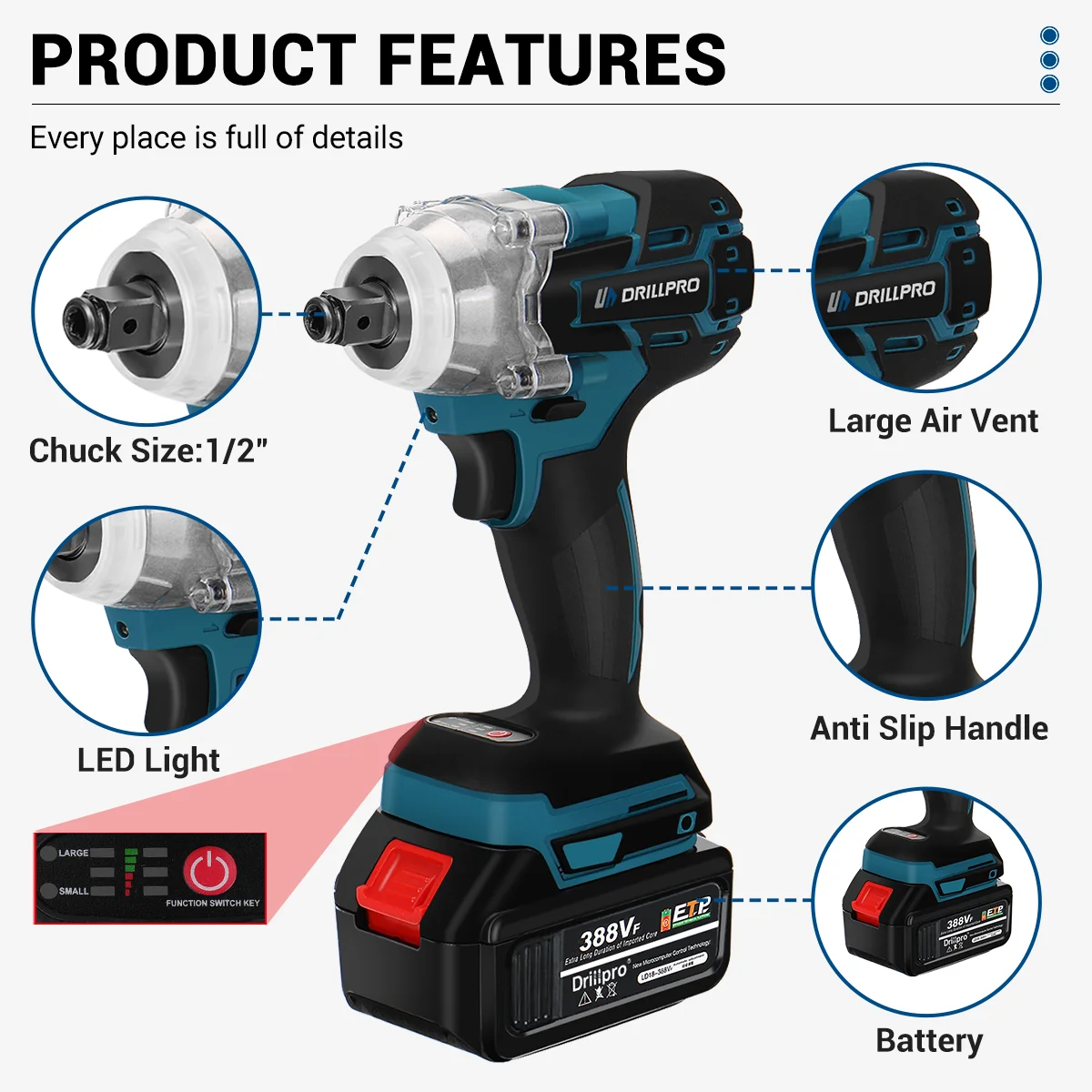 Drillpro 520N.M Brushless Electric Impact Wrench Ratchet Cordless 1/2 inch  Screwdriver Power Tools for Makita 18V Battery