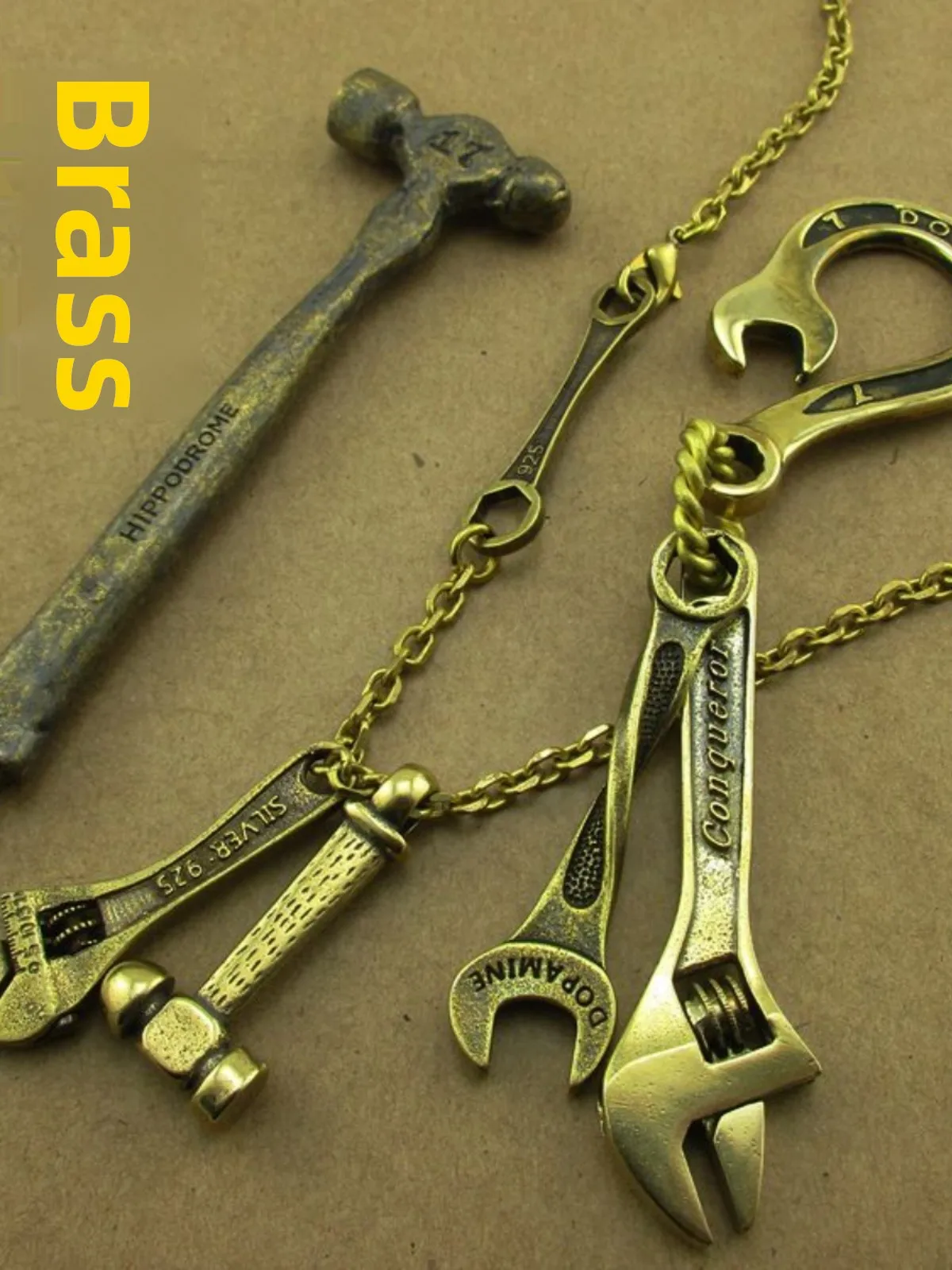 Adjustable Pure Brass Car Keychain Pendant Wrench Hammer Tool Pendant Necklace Charm Retro Design Unbranded Simple Packaging
