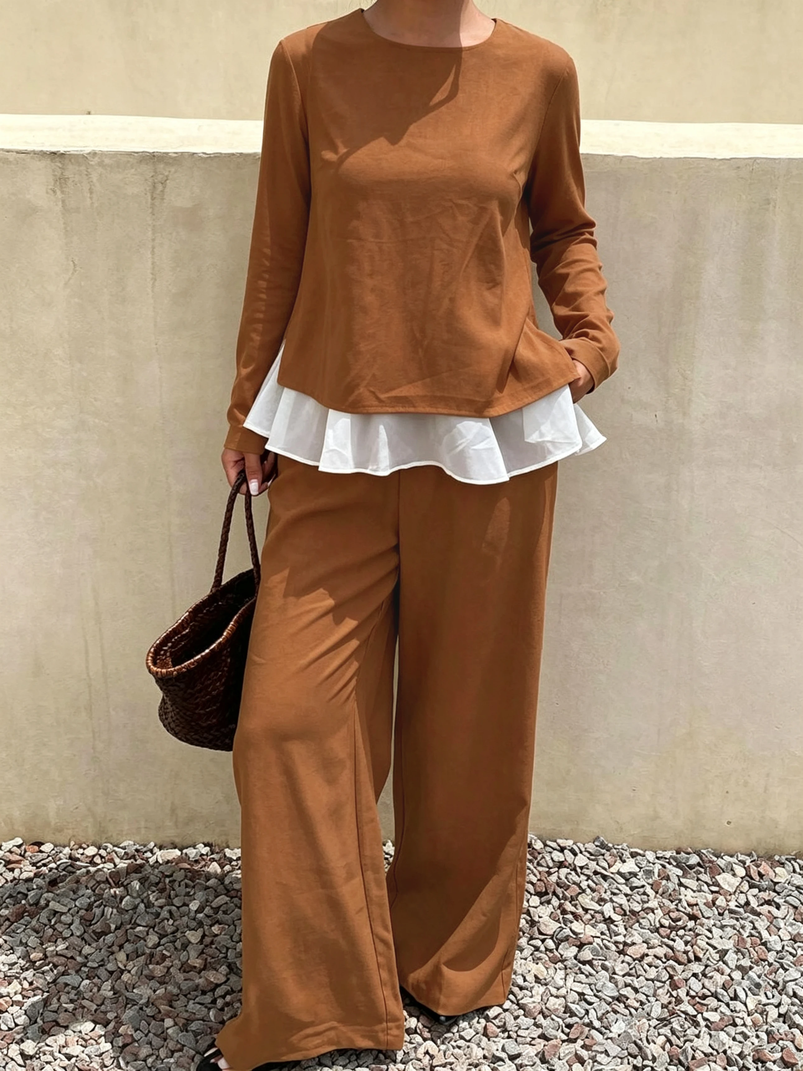 Women 3 Piece Outfit Round Neck Long Sleeve Top With Separate White Cami High Waist Wide Leg Pants Casual Matching Suit